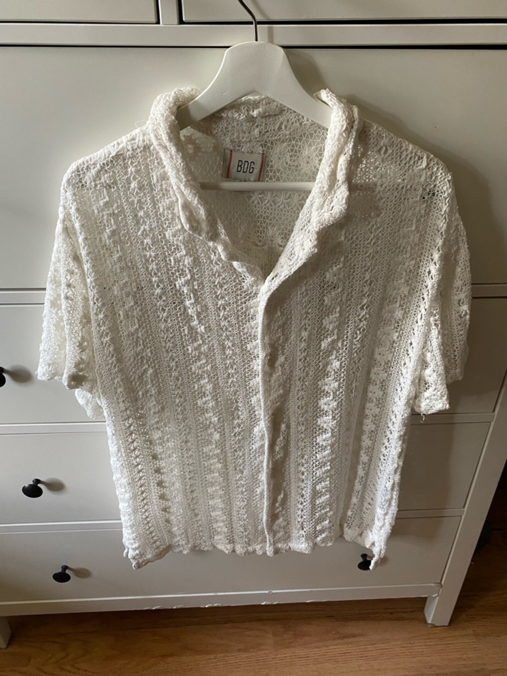 BDG Cream Crochet Short Sleeve Button-Front Top